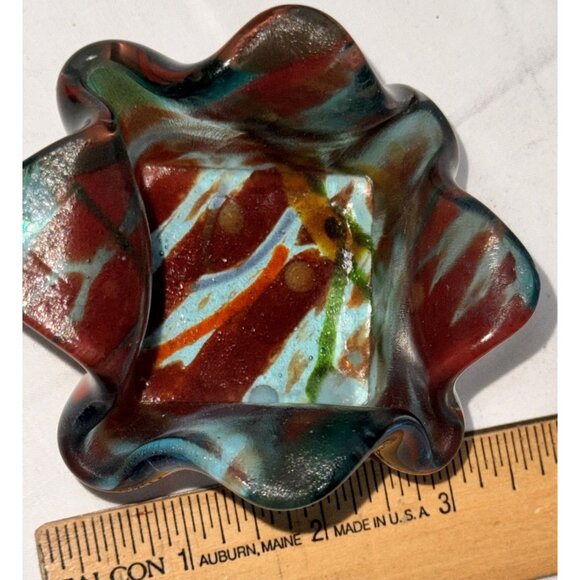 Handcrafted Multicolor Fused Glass Bowl With Abstract Design & Wavy Edges 3"x3"x - Picture 4 of 9